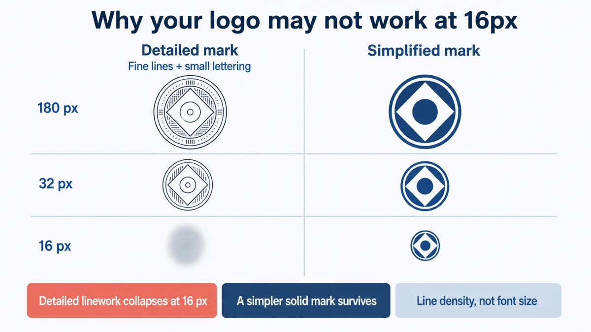 Two marks rendered at 180, 32 and 16 pixels. The left mark packs concentric rings, hatching and thin outlines into a circle and blurs into a featureless grey blob at 16 pixels. The right mark is a solid circle holding a diamond and a dot, and stays readable at all three sizes