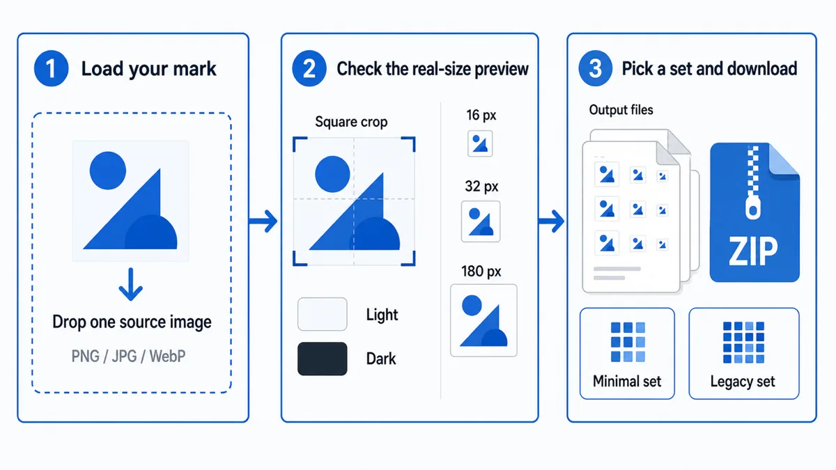 Three panels left to right: a dashed drop area accepting one PNG, JPG or WebP source image; a square crop frame beside 16, 32 and 180 pixel previews with light and dark swatches; and the output stage showing generated files, a ZIP, and a choice between a minimal and a legacy set