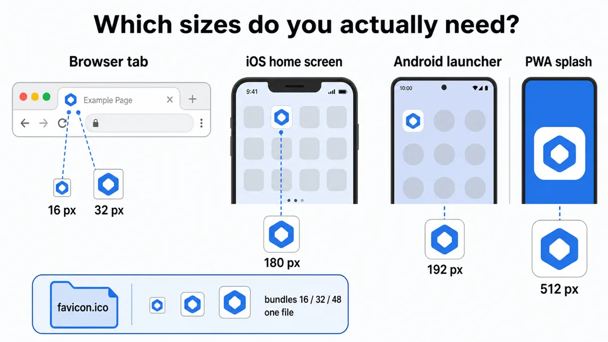 A hexagon logo shown in the four places its files are requested: 16 and 32 pixel versions in a browser tab, a 180 pixel tile on an iOS home screen, a 192 pixel icon on an Android launcher, and a 512 pixel icon on a PWA splash screen, with a favicon.ico file below bundling the 16, 32 and 48 pixel images in one file