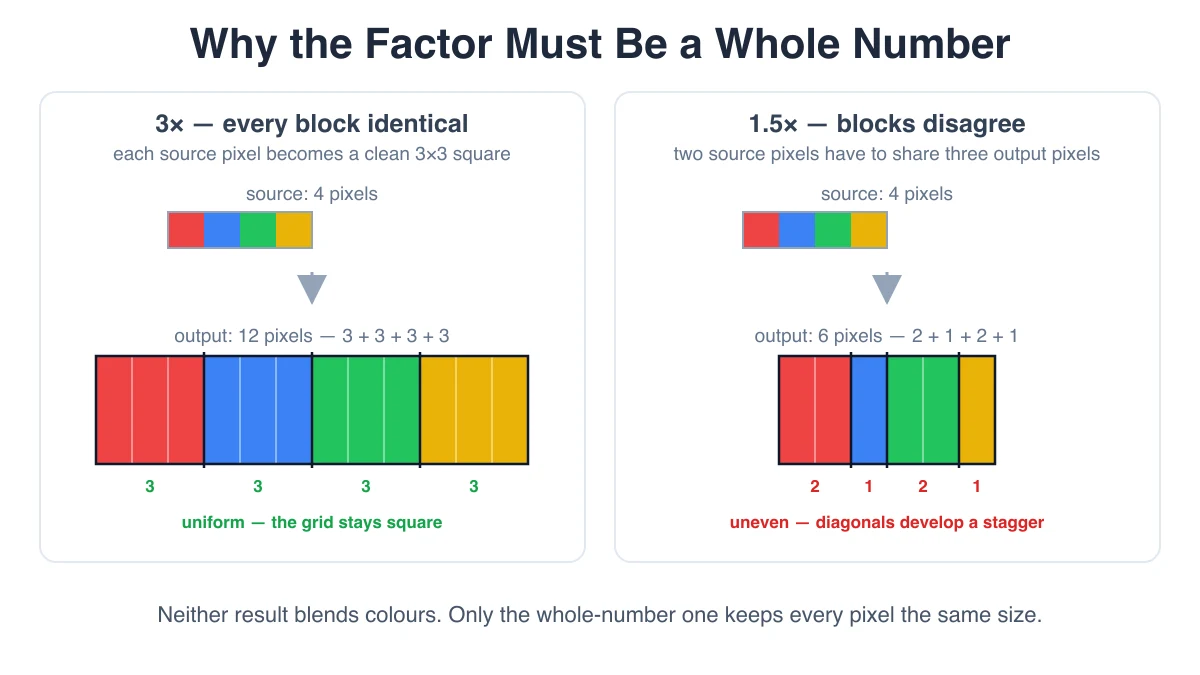 Four source pixels scaled two ways. At 3x each becomes a block three pixels wide, all four blocks equal. At 1.5x the same four pixels become blocks of 2, 1, 2 and 1 pixels, so the blocks no longer match each other.