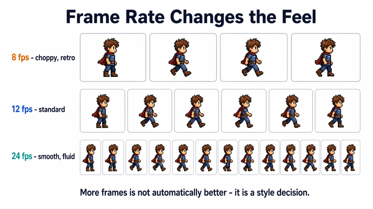 Three filmstrip rows of the same walk cycle: four frames labeled 8 fps choppy retro, six frames labeled 12 fps standard, and twelve frames labeled 24 fps smooth fluid