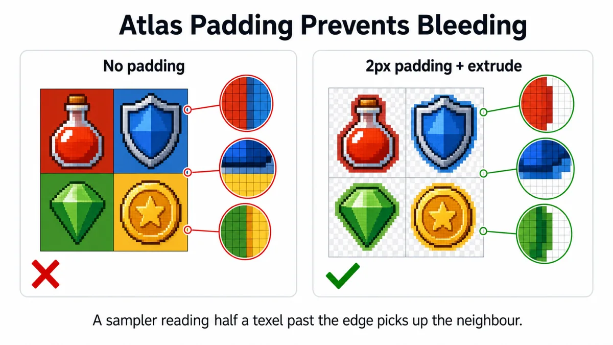 Left: sprites packed edge to edge in an atlas, with magnified callouts showing wrong-colored seams along each border. Right: the same sprites separated by transparent padding, with clean edges in the callouts