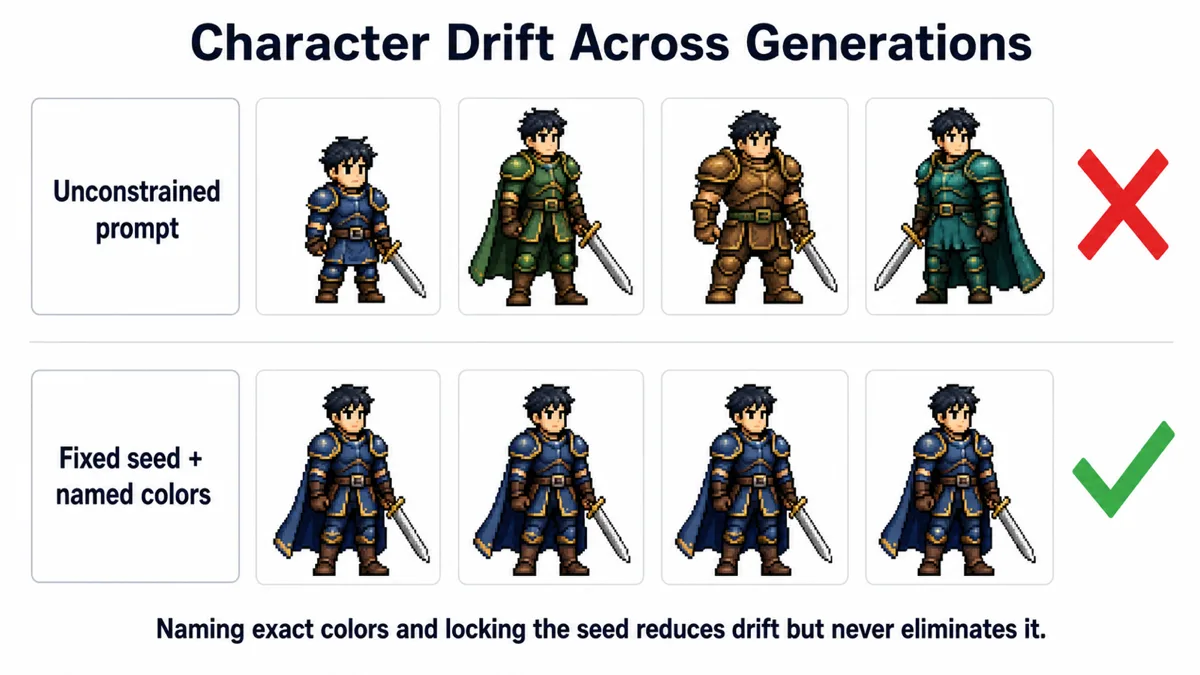 Top row: four generated versions of the same warrior whose armor shifts from blue to green to bronze and whose cape appears and disappears. Bottom row: four versions that stay consistent in color and proportion