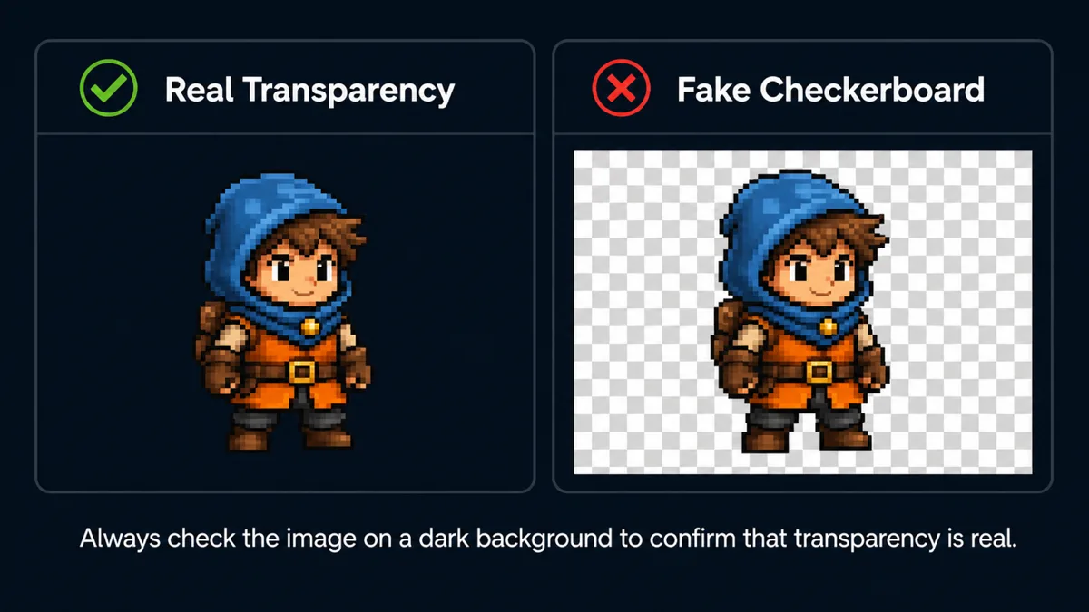 Two versions of the same hooded character on a dark backdrop: the left one lets the dark background show through, the right one carries a light grey and white checkerboard baked into the image