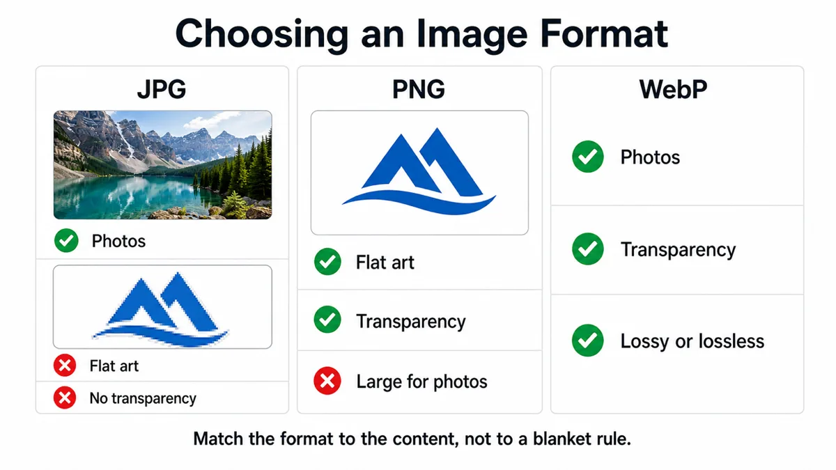 Three columns comparing JPG, PNG and WebP: JPG handles photos but shows ringing artifacts on a flat logo and has no transparency; PNG is clean on flat art and keeps transparency but is large for photos; WebP covers photos, transparency, and both lossy and lossless modes