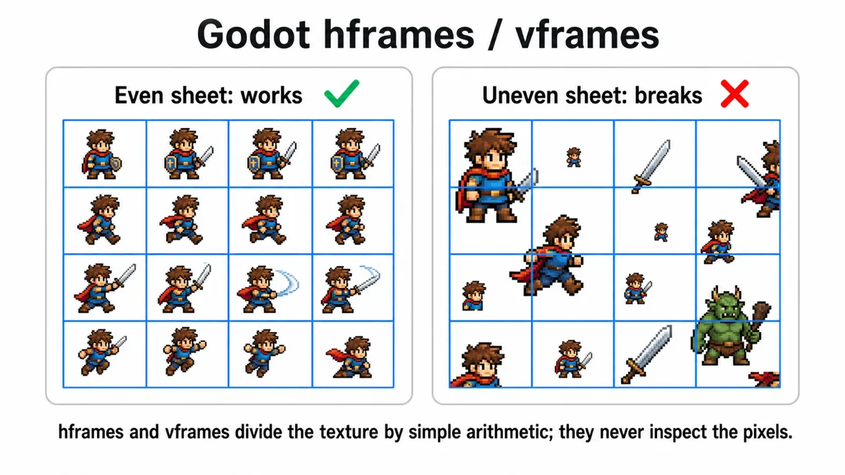 Left: a rigid lattice over an even sprite sheet where every cell holds one complete character, marked with a green check. Right: the same lattice over an irregular sheet where lines cut through sprites and cells hold partial figures, marked with a red X