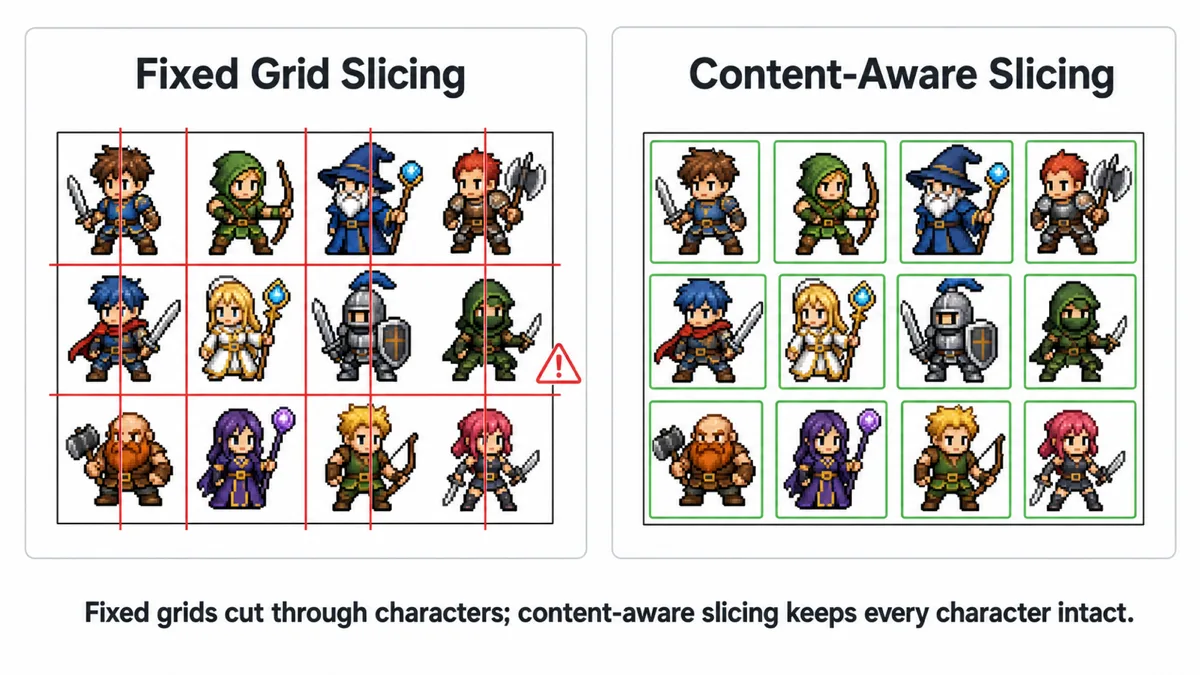 Side-by-side comparison: on the left, evenly spaced red grid lines cut straight through several characters; on the right, green boxes trace the actual outline of each character instead