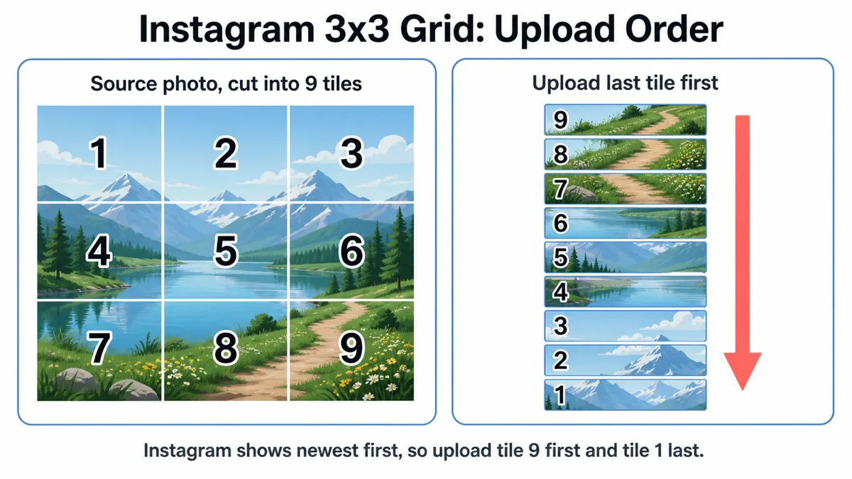 Left: a landscape photo divided into nine tiles numbered one to nine in reading order. Right: the same tiles queued for upload in reverse, from nine down to one