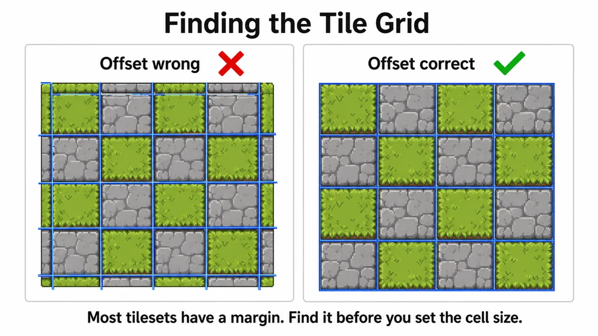 Left: a grid overlay misaligned on a grass and stone tileset, so each cell contains fragments of four different tiles. Right: the same tileset with the grid offset corrected so each cell holds one complete tile