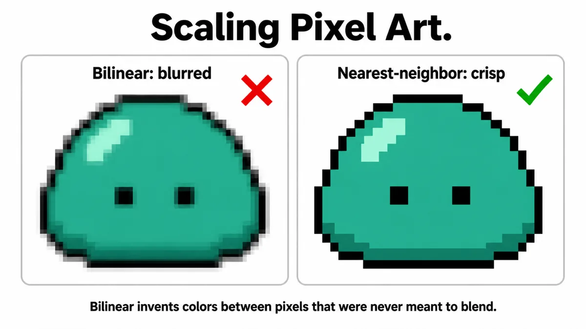 The same pixel-art slime scaled up two ways: on the left, bilinear scaling leaves soft gradient edges and grey halos around the outline; on the right, nearest-neighbor scaling keeps every pixel a hard square block