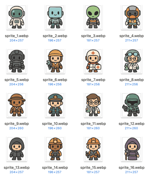 The sliced output: sixteen separate sprite files named sprite_1 through sprite_16, each showing one character on its own, with per-file pixel dimensions such as 204x257 and 181x260 that differ from one another