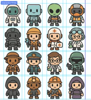 A sixteen-character sprite sheet loaded in the slicer, with detected boundary lines drawn over it; the lines sit in the transparent gutters between the characters rather than at even intervals, so the columns come out at different widths
