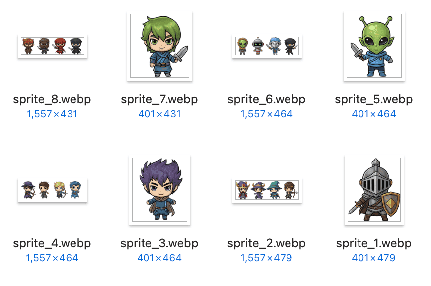The under-detected output: eight files instead of twenty, where several are wide 1557-pixel strips containing four fused characters each rather than one character per file
