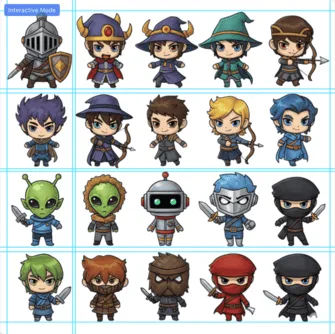 A dense twenty-character sprite sheet with detected boundary lines drawn over it; the characters sit close together and only a few horizontal lines were found, so several rows are treated as one band
