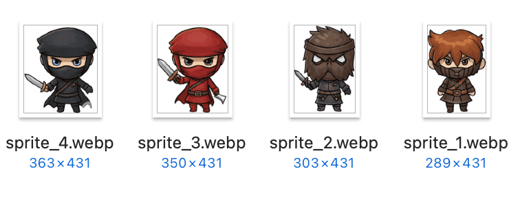 The same strip re-sliced with higher sensitivity, now separated into four individual character files at four different widths