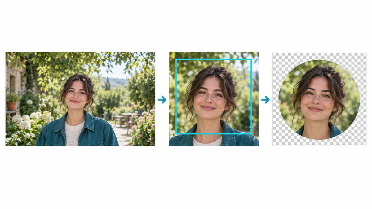 A garden portrait progresses from a wide photo to a square face selection and a circular portrait shown over a checkerboard.