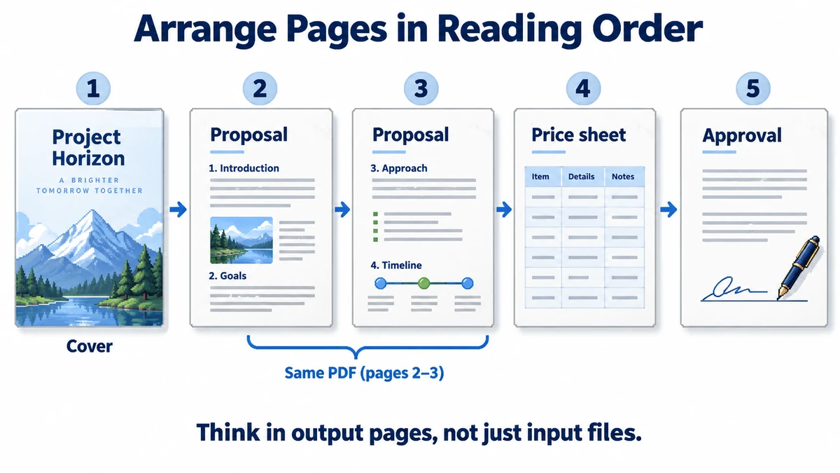 Five illustrated document pages in reading order: cover, two proposal pages, price sheet, and approval.