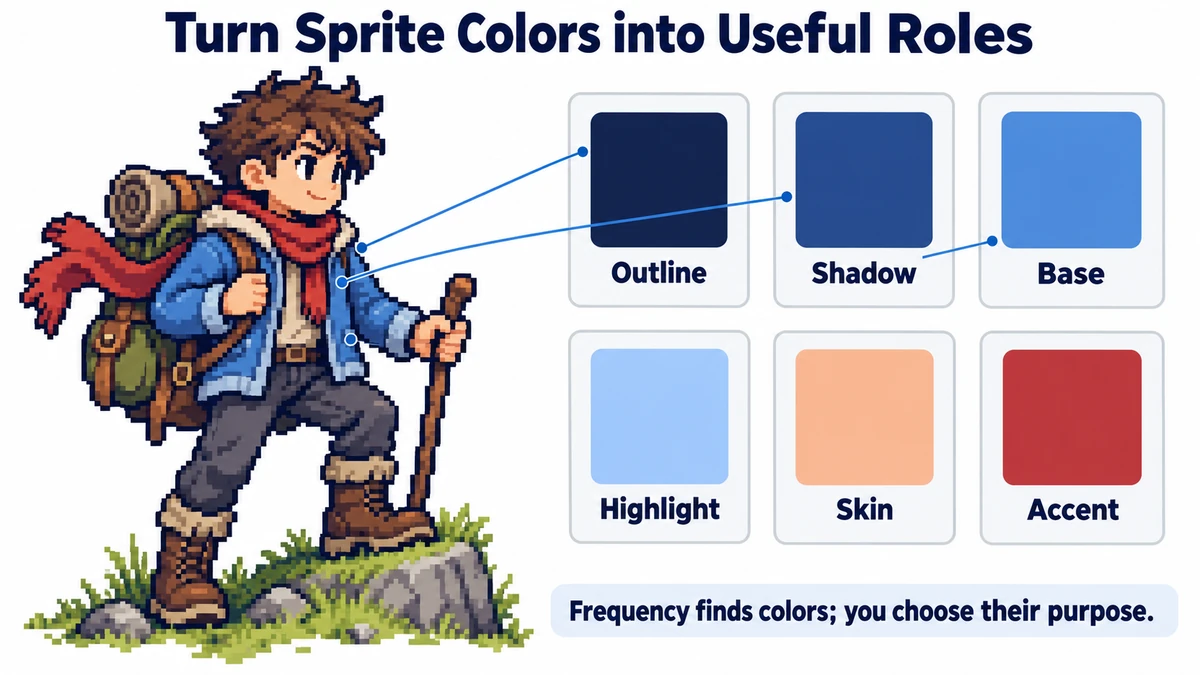 A blue-jacket pixel-art traveler beside six color roles: outline, shadow, base, highlight, skin, and accent.