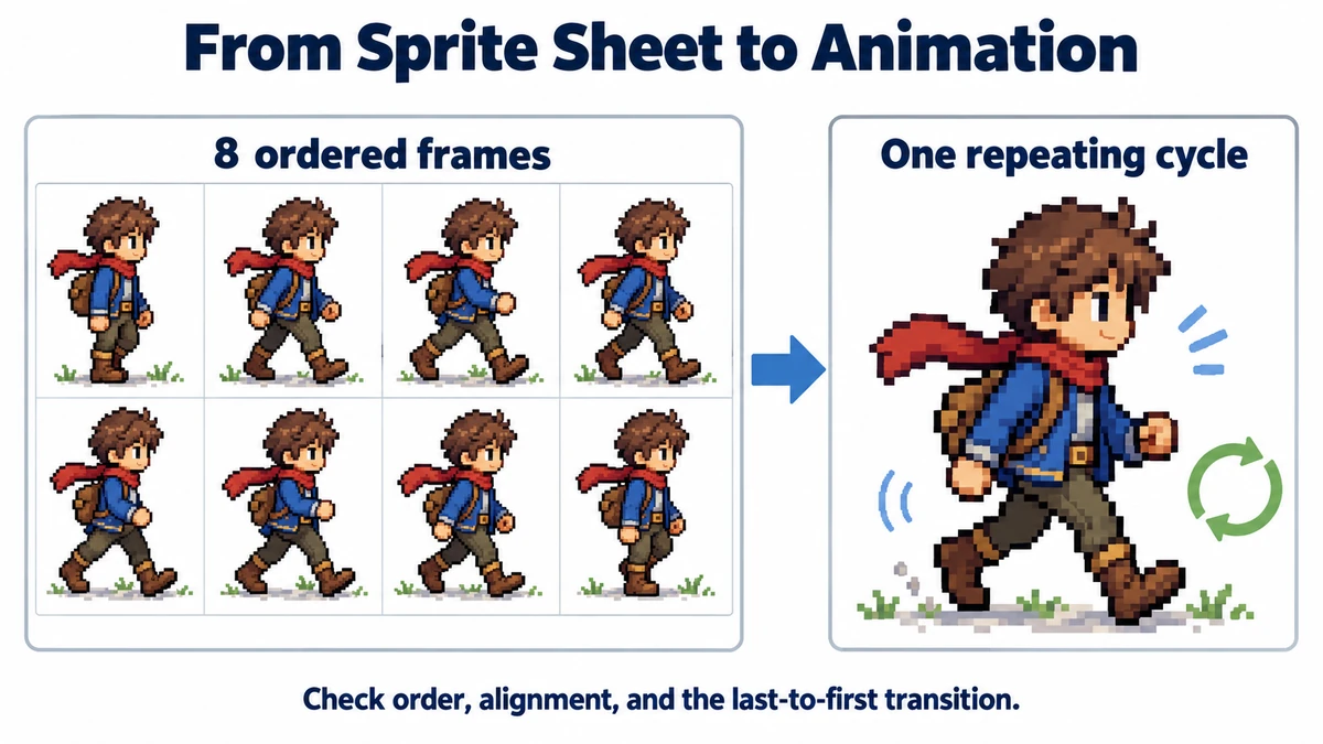 Eight walking poses of a red-scarf pixel-art adventurer arranged in a sheet, leading to a repeating animation.