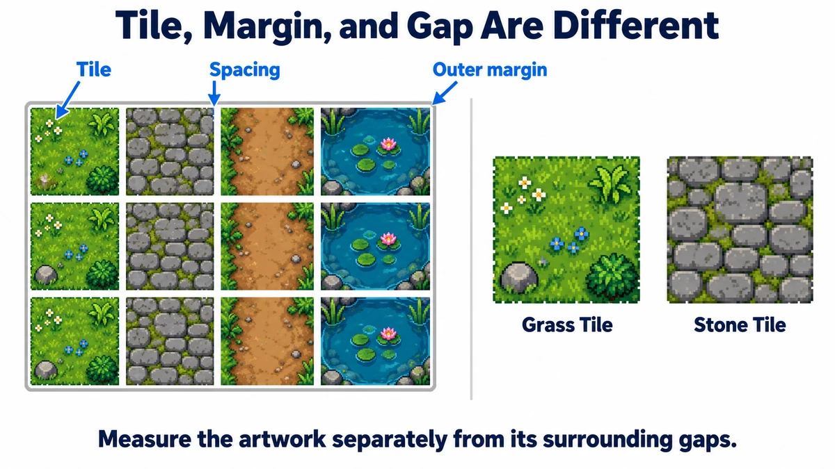 A grass, stone, dirt, and water tileset with arrows distinguishing tile content, outer margin, and spacing.
