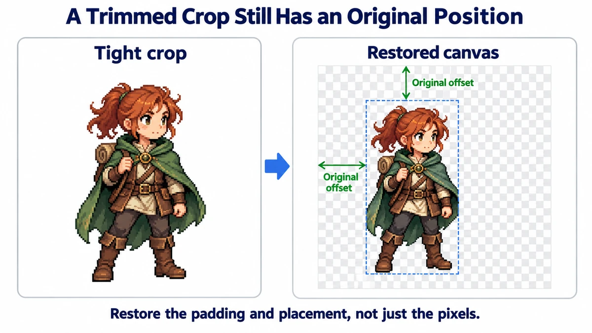 A tightly cropped green-cloaked adventurer beside a padded canvas showing original top and left offsets.