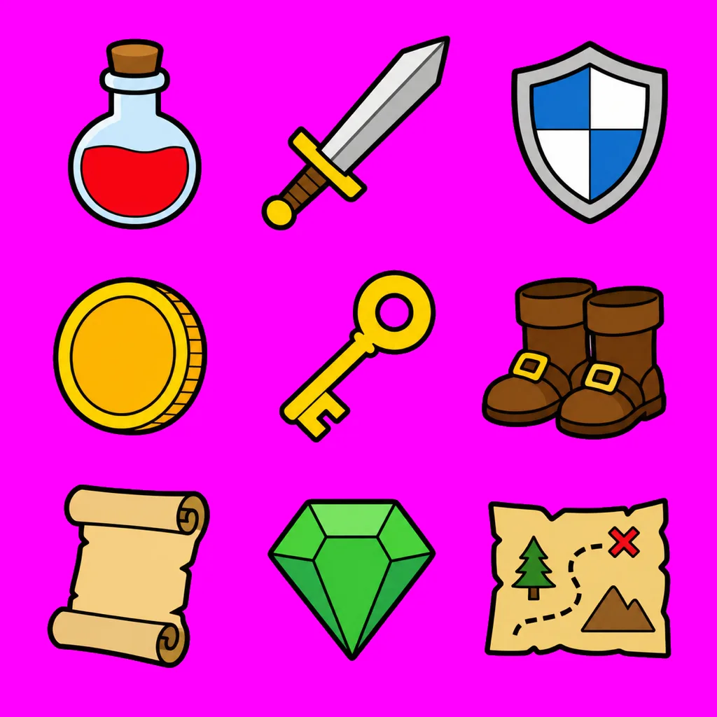 A three by three grid of flat vector game item icons with thick black outlines, sitting on a solid bright magenta background