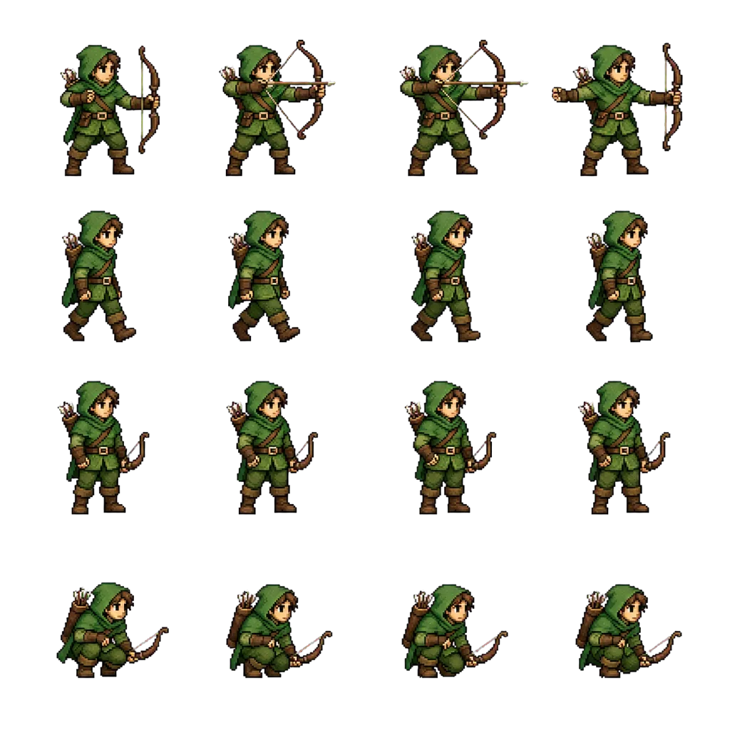 A four by four sprite sheet of a green-hooded forest ranger with a bow, where all sixteen poses sit at a consistent size with even gaps between them, on a transparent background