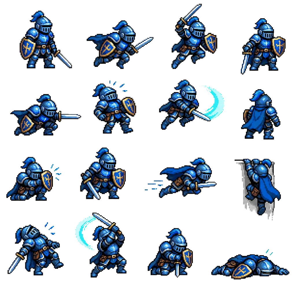 A generated sprite sheet of a blue-armored knight where the sixteen poses sit at inconsistent sizes and offsets, with gaps of differing width between them rather than an even grid