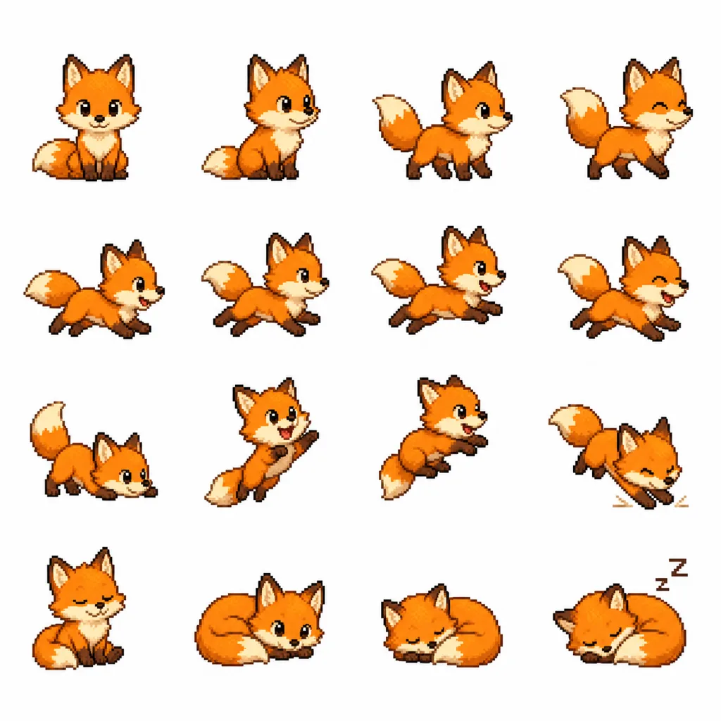 A sprite sheet of a small orange fox in sixteen poses with soft fluffy fur edges, on a solid opaque white background, before any background removal has been applied