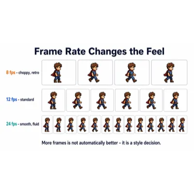 The same walk cycle shown as three filmstrips at 8, 12, and 24 frames per second