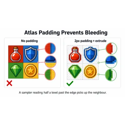 Sprites packed edge to edge showing color bleeding, beside the same sprites separated by padding