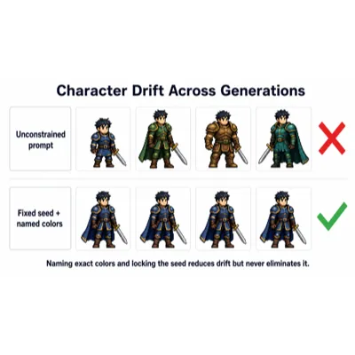 A character drifting in color and build across four generations, beside four consistent versions