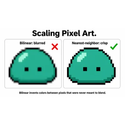 Bilinear scaling leaving blurred edges beside nearest-neighbor scaling keeping hard pixel blocks