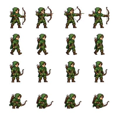 An evenly spaced four by four ranger sprite sheet on a transparent background