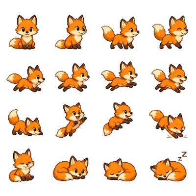 A fox sprite sheet on a solid opaque white background before removal